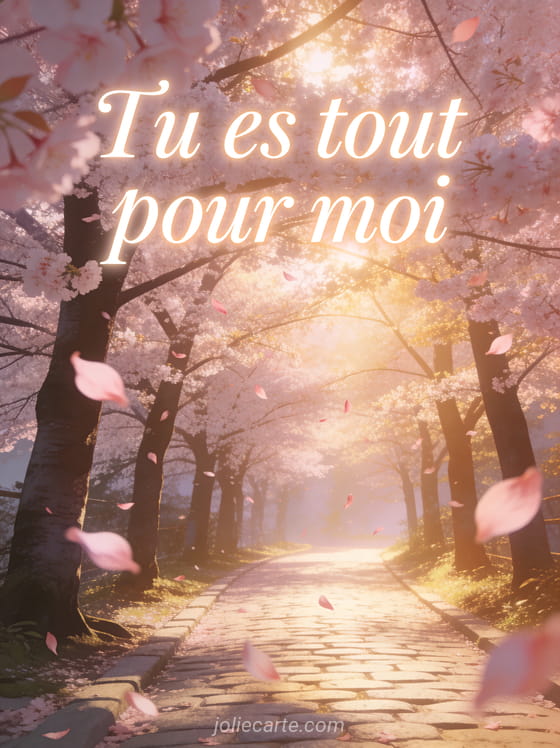 Allée de cerisiers en fleurs avec pétales roses volant dans la brise et lumière dorée filtrant à travers les branches