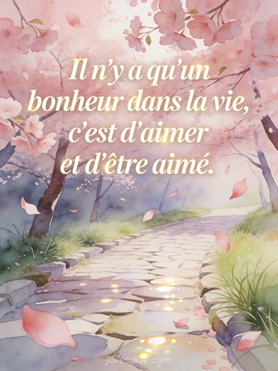 Chemin bordé de cerisiers en fleurs roses avec pétales volant dans le vent en lumière printanière
