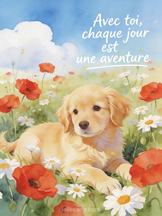 Petit chien golden retriever couché dans un champ de coquelicots et marguerites en illustration aquarelle