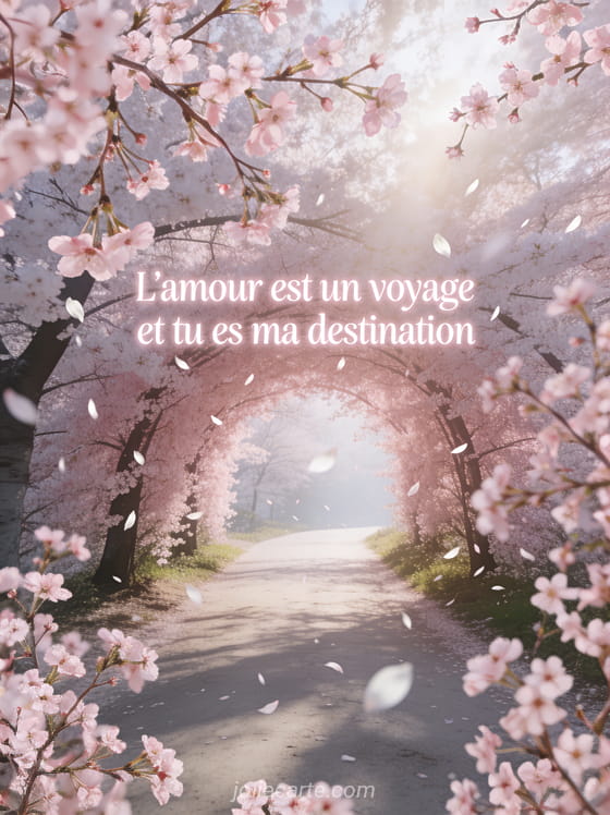 Chemin bordé de cerisiers en fleurs formant une voûte rose avec pétales tombant et lumière filtrée