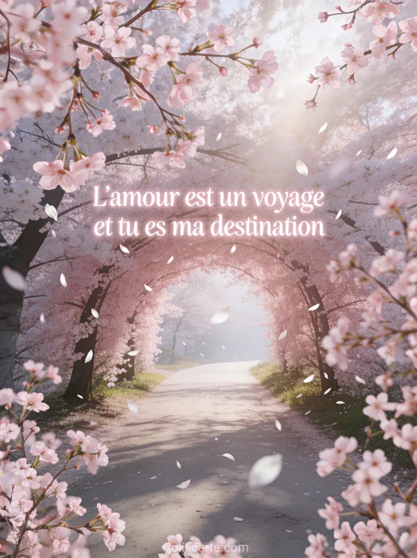 Chemin bordé de cerisiers en fleurs formant une voûte rose avec pétales tombant et lumière filtrée