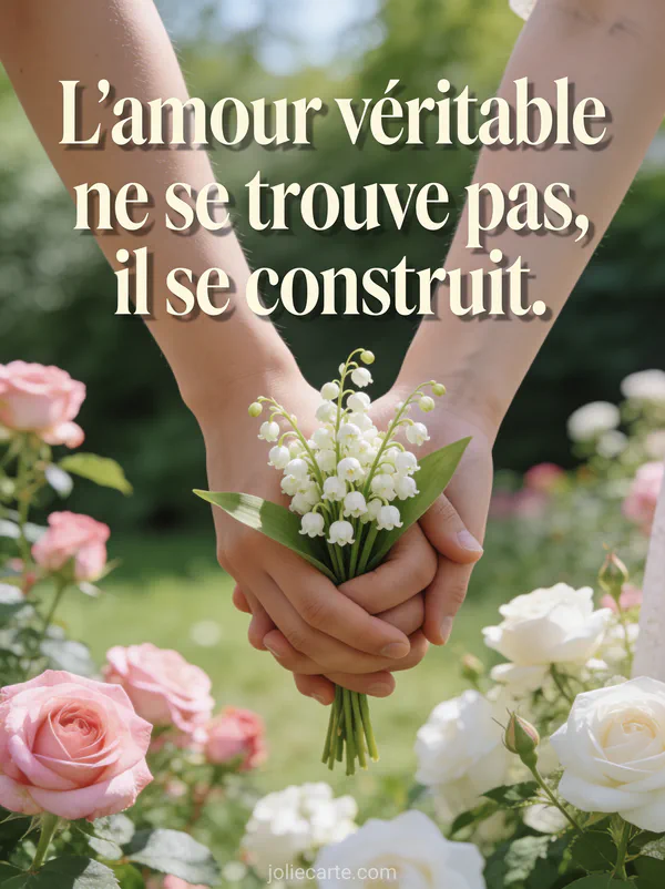 Mains entrelacées tenant un petit bouquet de muguet dans un jardin printanier avec roses trémières