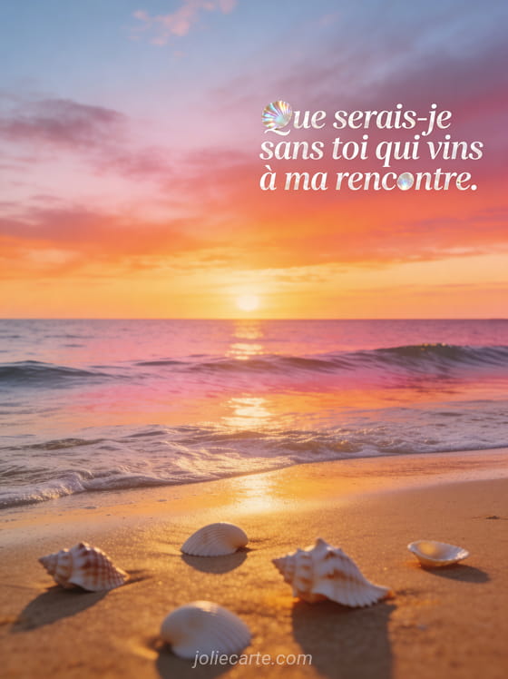 Coucher de soleil flamboyant sur la mer avec vagues calmes et coquillages sur le sable et le texte Que serais-je sans toi qui vins à ma rencontre