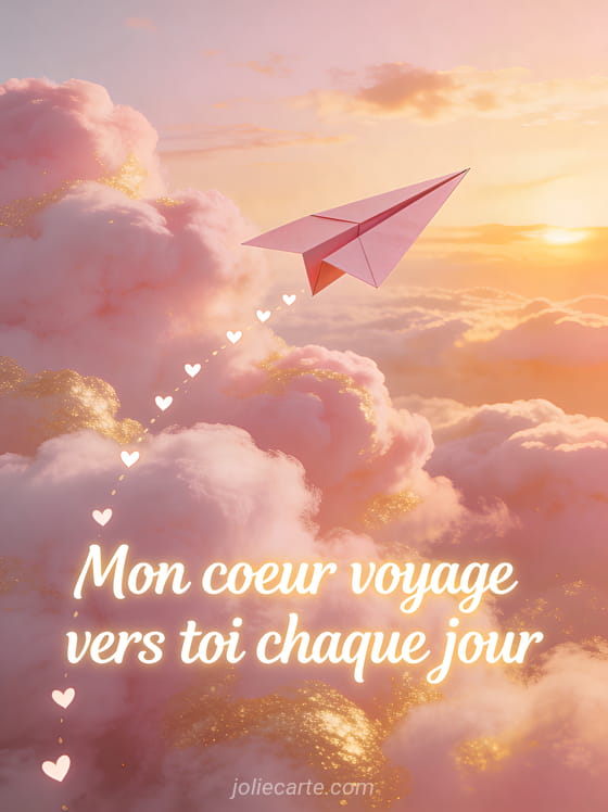 Illustration d'un avion en papier rose volant au-dessus de nuages cotonneux roses et dorés avec des petits cœurs dans son sillage et le texte Mon cœur voyage vers toi chaque jour