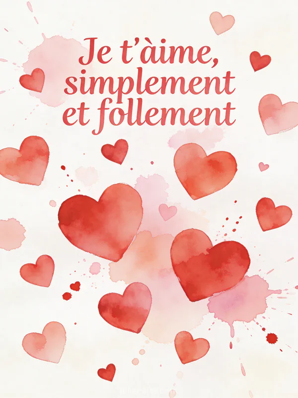 Cœurs en aquarelle rouge et rose de différentes tailles flottant sur fond blanc crème avec éclaboussures