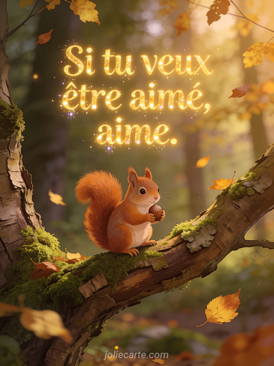 Petit écureuil roux sur une branche de chêne couverte de mousse avec des feuilles dorées et le texte Si tu veux être aimé aime