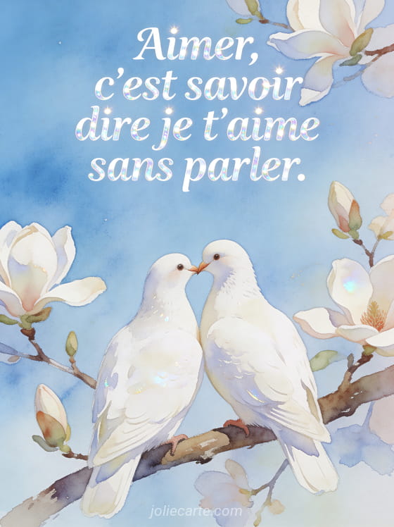 Couple de colombes blanches se becquetant tendrement sur une branche de magnolia en fleurs