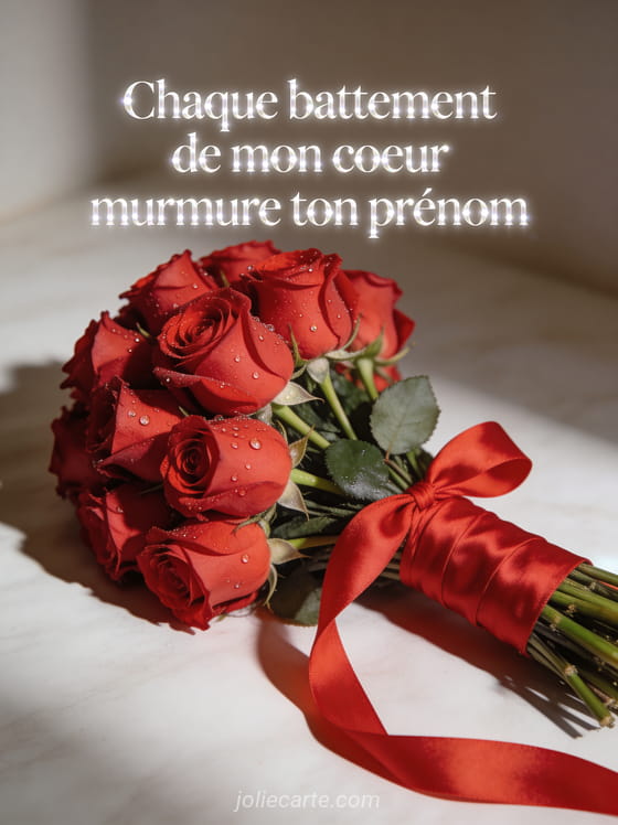 Bouquet de roses rouges fraîches avec gouttes de rosée et ruban de soie rouge dans une lumière douce