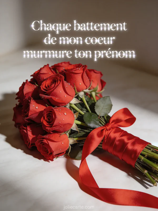 Bouquet de roses rouges fraîches avec gouttes de rosée et ruban de soie rouge dans une lumière douce