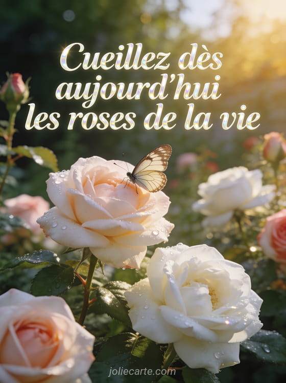 Jardin de roses anciennes roses et blanches en pleine floraison avec rosée et papillon et le texte Cueillez dès aujourd'hui