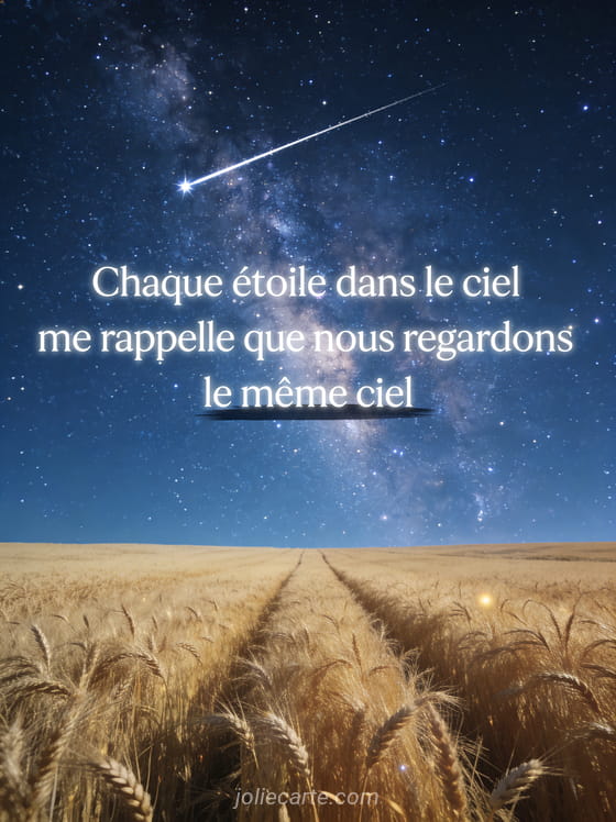 Champ de blé doré sous un ciel nocturne étoilé avec la voie lactée et une étoile filante avec le texte Chaque étoile dans le ciel me rappelle que nous regardons le même ciel