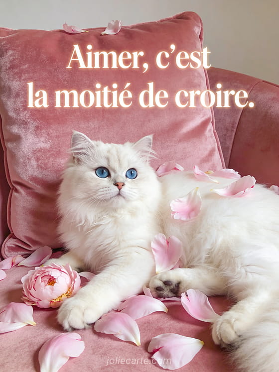 Chat persan blanc aux yeux bleus allongé sur un coussin de velours rose avec des pétales de pivoines et le texte Aimer c'est la moitié de croire