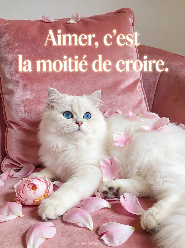 Chat persan blanc aux yeux bleus allongé sur un coussin de velours rose avec des pétales de pivoines et le texte Aimer c'est la moitié de croire