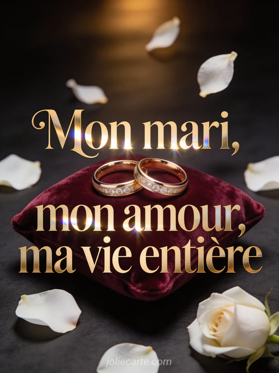 Deux alliances en or sur coussin de velours bordeaux avec pétales de rose blanche et lumière tamisée