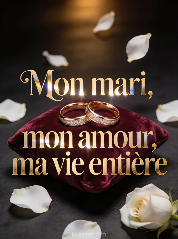 Deux alliances en or sur coussin de velours bordeaux avec pétales de rose blanche et lumière tamisée