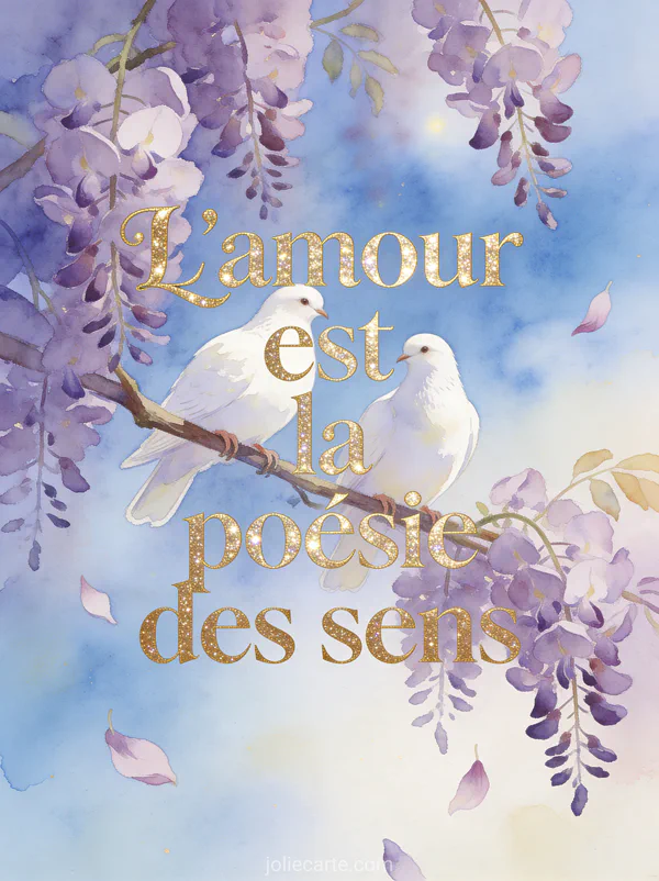 Illustration aquarelle de deux colombes blanches sur une branche de glycine mauve avec le texte L'amour est la poésie des sens