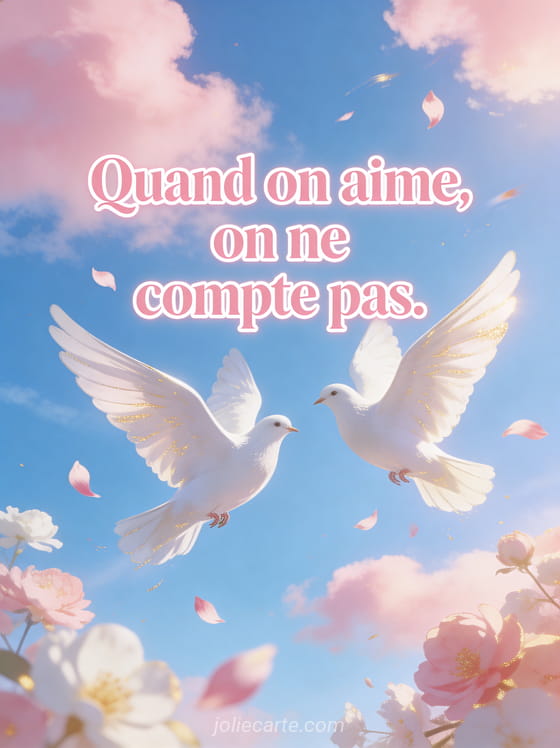 Deux colombes blanches en vol dans un ciel bleu avec des pétales de fleurs et le texte Quand on aime on ne compte pas