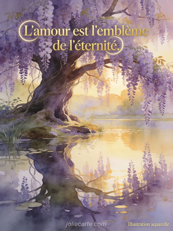 Arbre centenaire couvert de glycine violette au bord d'un étang calme avec reflets dans l'eau en lumière dorée