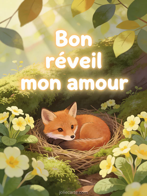 Illustration d'un petit renard roux au regard doux couché dans un nid de mousse et de primevères dans une lumière matinale avec le texte Bon réveil mon amour
