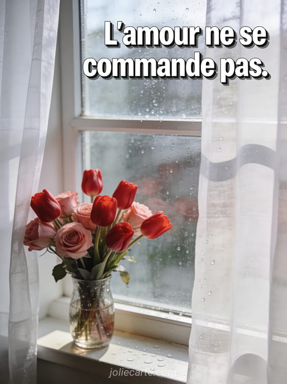 Bouquet de tulipes rouges et roses dans un vase en verre sur un rebord de fenêtre avec gouttes de pluie et le texte L'amour ne se commande pas