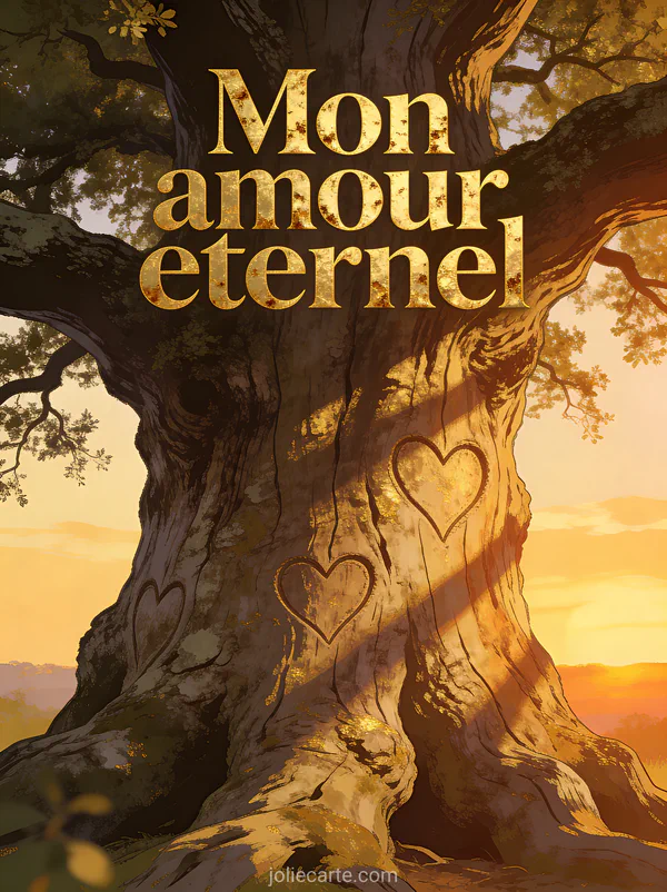 Paysage de campagne française à l'aube avec brume matinale et le texte Demain dès l'aube en lettres bleu nuit