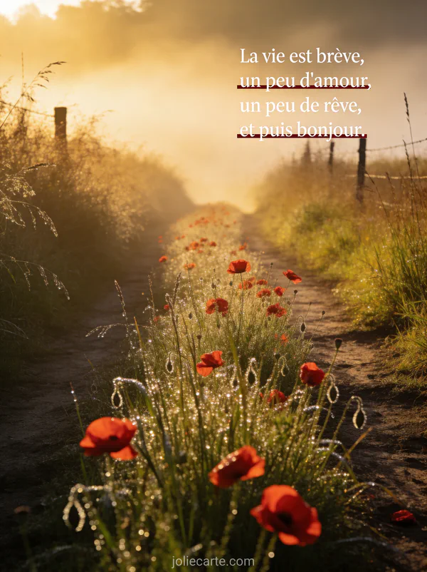 Sentier de campagne au petit matin avec rosée sur les herbes et coquelicots rouges dans une brume légère dorée