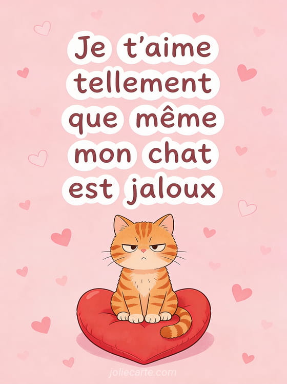 Chat roux tigré boudeur assis sur un coussin rouge en forme de cœur sur fond rose pastel avec petits cœurs