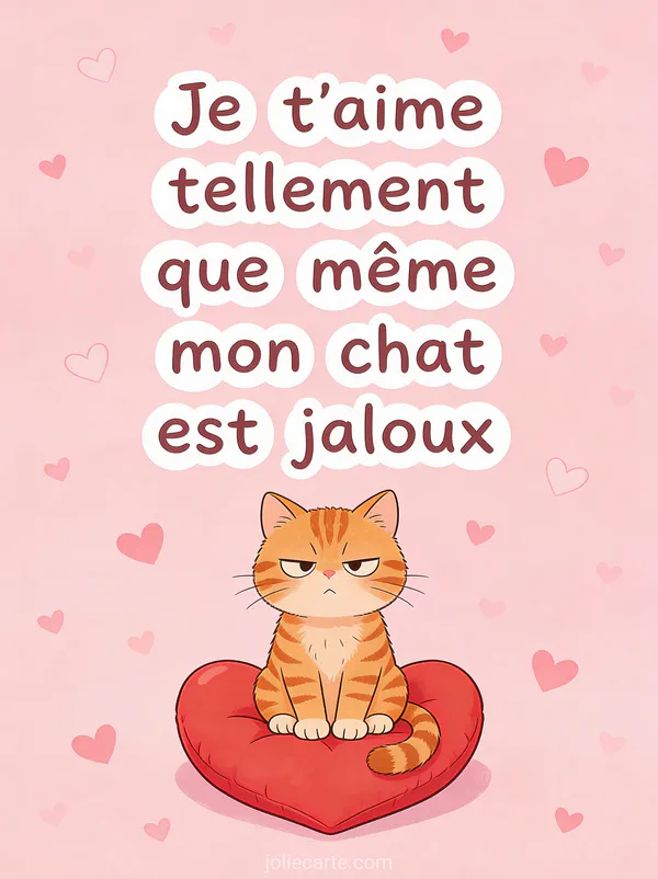 Chat roux tigré boudeur assis sur un coussin rouge en forme de cœur sur fond rose pastel avec petits cœurs