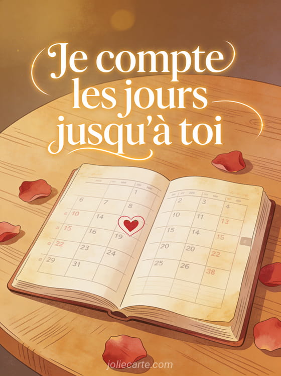 Calendrier vintage ouvert sur une table en bois avec un cœur rouge dessiné sur une date et des pétales de rose éparpillés avec le texte Je compte les jours jusqu'à toi