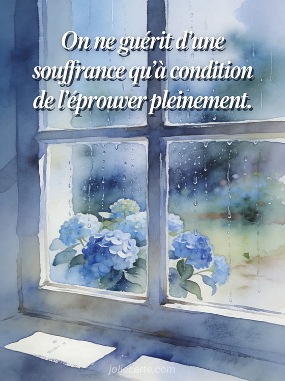 Fenêtre embuée avec gouttes de pluie glissant sur la vitre devant un jardin avec des hortensias bleus