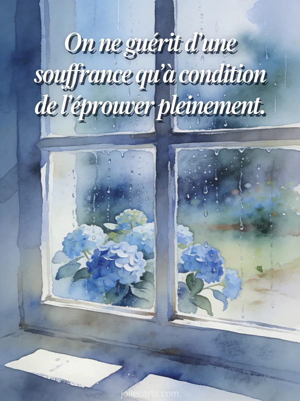 Fenêtre embuée avec gouttes de pluie glissant sur la vitre devant un jardin avec des hortensias bleus