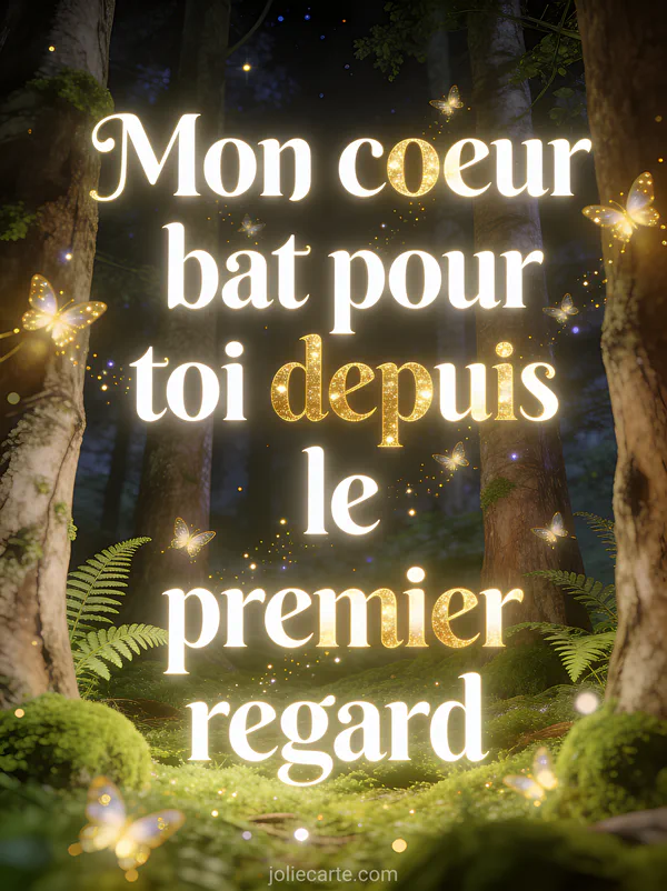 Forêt enchantée la nuit avec lucioles dorées scintillantes entre les arbres et fougères au sol