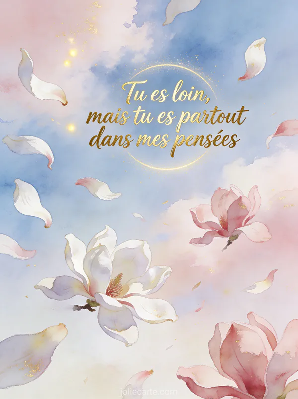 Illustration aquarelle de pétales de magnolia blancs et roses emportés par le vent dans un ciel pastel avec des touches dorées et le texte Tu es loin mais tu es partout dans mes pensées