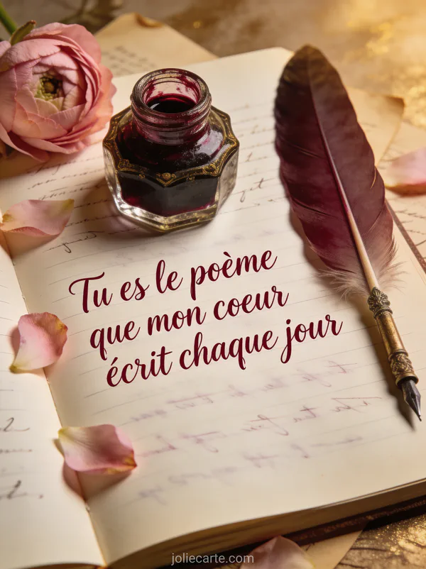 Plume d'oie sur cahier ouvert avec encrier ancien et pétales de renoncule rose tombant sur les pages