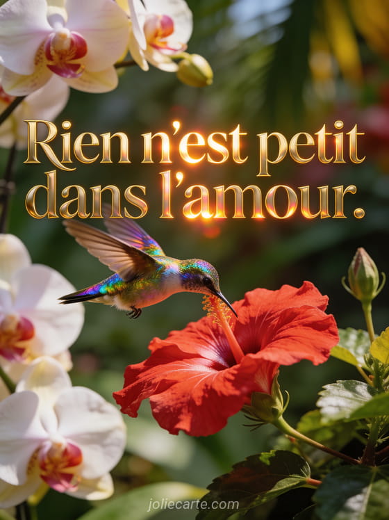 Petit colibri irisé butinant une fleur d'hibiscus rouge dans un jardin tropical avec orchidées