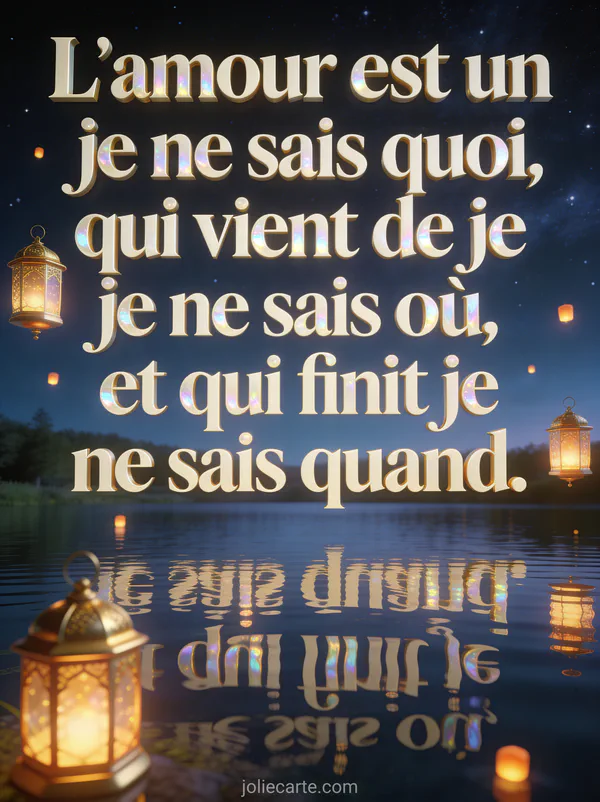 Lanternes flottantes dorées s'élevant dans un ciel nocturne étoilé avec reflets sur un lac calme et le texte L'amour est un je ne sais quoi