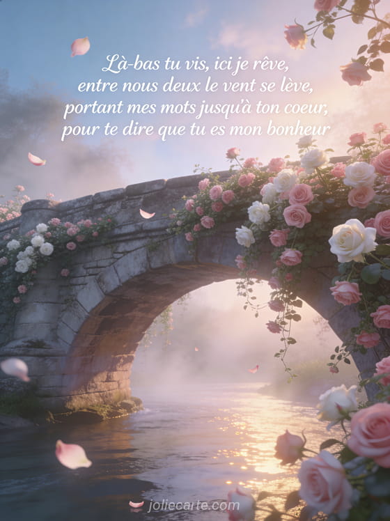 Pont ancien en pierre couvert de roses grimpantes dans une brume légère avec une rivière calme et le texte du poème Là-bas tu vis ici je rêve