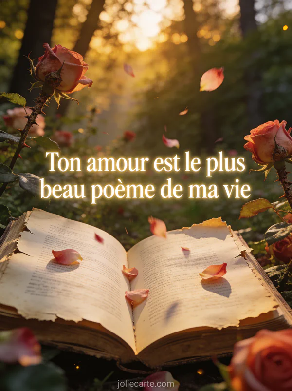 Livre ancien ouvert dans un jardin de roses avec pétales tombant sur les pages et lumière dorée