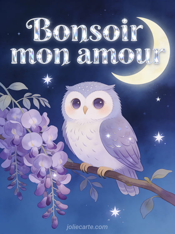 Illustration d'un hibou aux grands yeux tendres perché sur une branche de glycine mauve sous un croissant de lune et des étoiles avec le texte Bonsoir mon amour