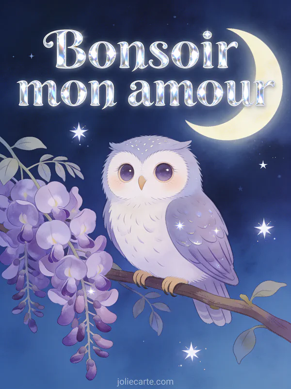 Illustration d'un hibou aux grands yeux tendres perché sur une branche de glycine mauve sous un croissant de lune et des étoiles avec le texte Bonsoir mon amour