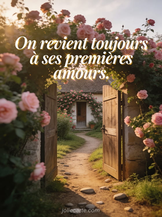 Chemin de terre sinueux vers une maison de campagne couverte de rosiers grimpants roses avec portail ouvert