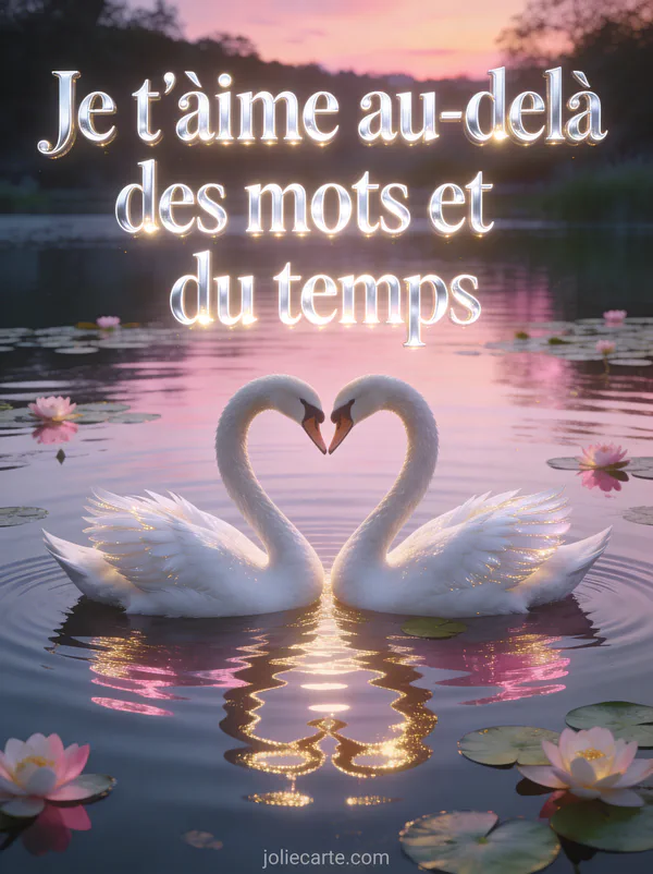 Deux cygnes blancs formant un cœur sur un lac calme au crépuscule avec reflets roses et nénuphars