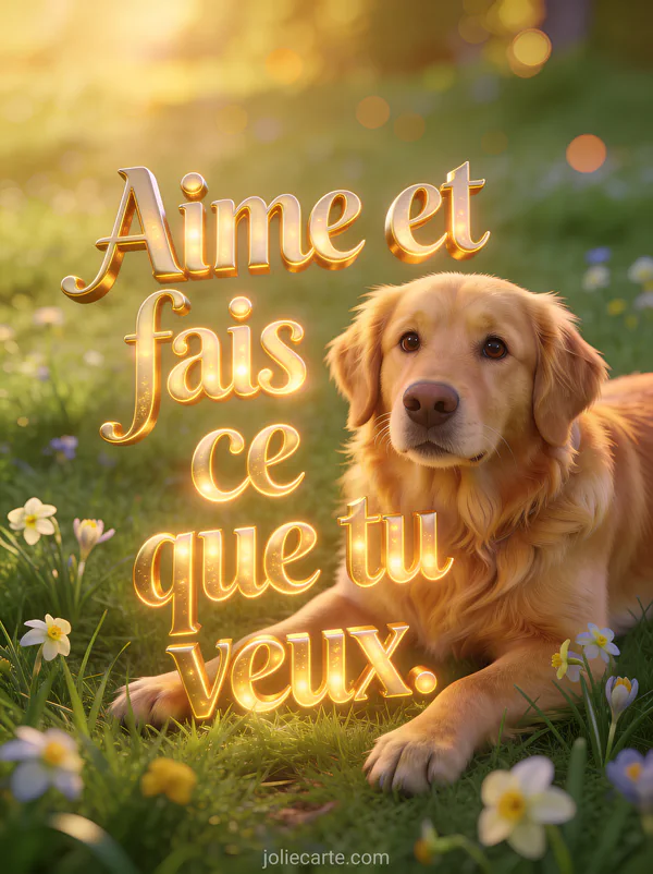 Chien golden retriever au regard tendre allongé dans l'herbe avec des pâquerettes et lumière dorée et le texte Aime et fais ce que tu veux