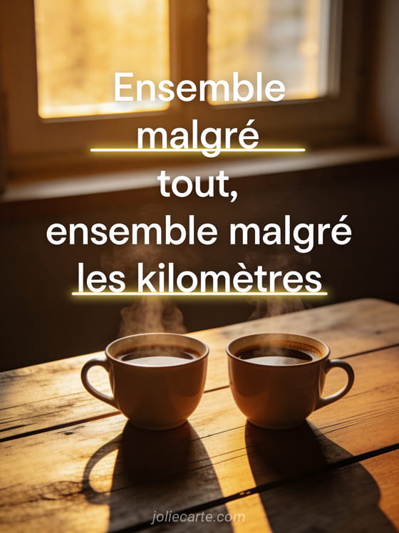Deux tasses de café fumantes posées face à face sur une table en bois rustique dans une lumière matinale dorée avec le texte Ensemble malgré tout ensemble malgré les kilomètres
