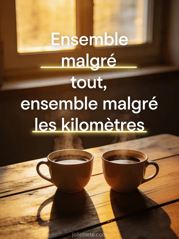 Deux tasses de café fumantes posées face à face sur une table en bois rustique dans une lumière matinale dorée avec le texte Ensemble malgré tout ensemble malgré les kilomètres