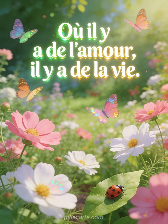 Jardin luxuriant avec papillons colorés voletant parmi des cosmos roses et blancs et coccinelle sur une feuille