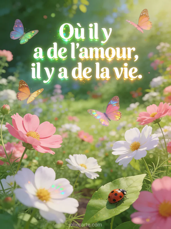 Jardin luxuriant avec papillons colorés voletant parmi des cosmos roses et blancs et coccinelle sur une feuille