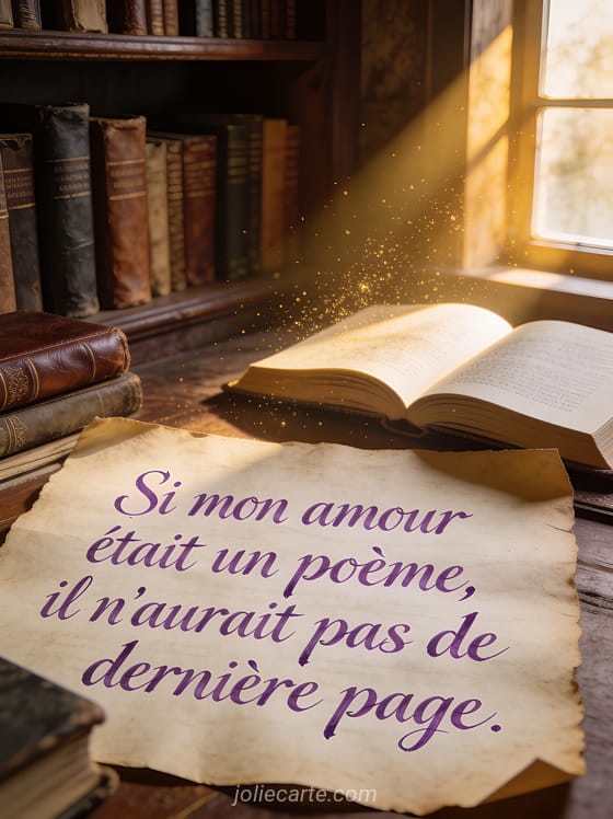 Bibliothèque ancienne en bois avec livres reliés cuir et rayon de lumière dorée sur un livre ouvert