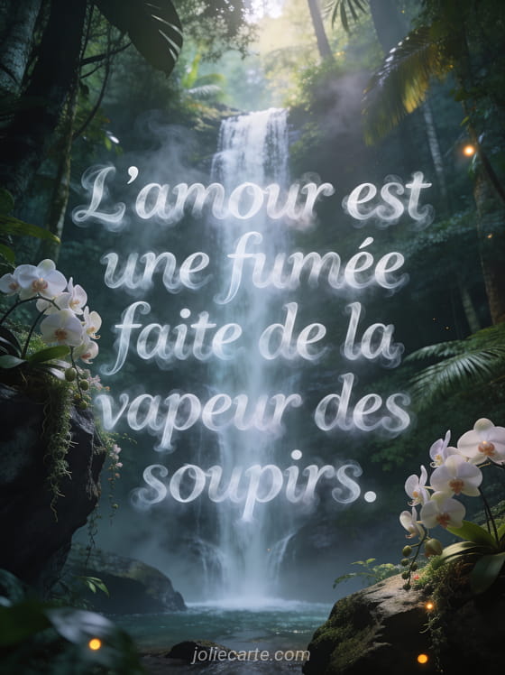 Cascade féerique dans une forêt tropicale avec des orchidées sauvages et brume légère et le texte L'amour est une fumée faite de la vapeur des soupirs