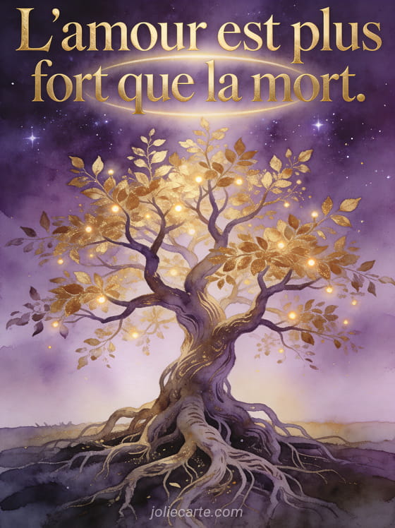 Arbre de vie ancien aux branches entrelacées couvertes de feuilles dorées et petites lumières sous un ciel étoilé